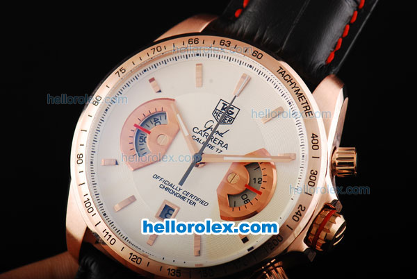 Tag Heuer Grand Carrera Calibre 17 Working Chronograph Rose Gold Bezel with White Dial - Click Image to Close